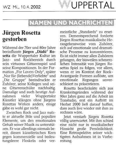 Nachruf Jürgen Rosetta, WZ, 10.04.2002